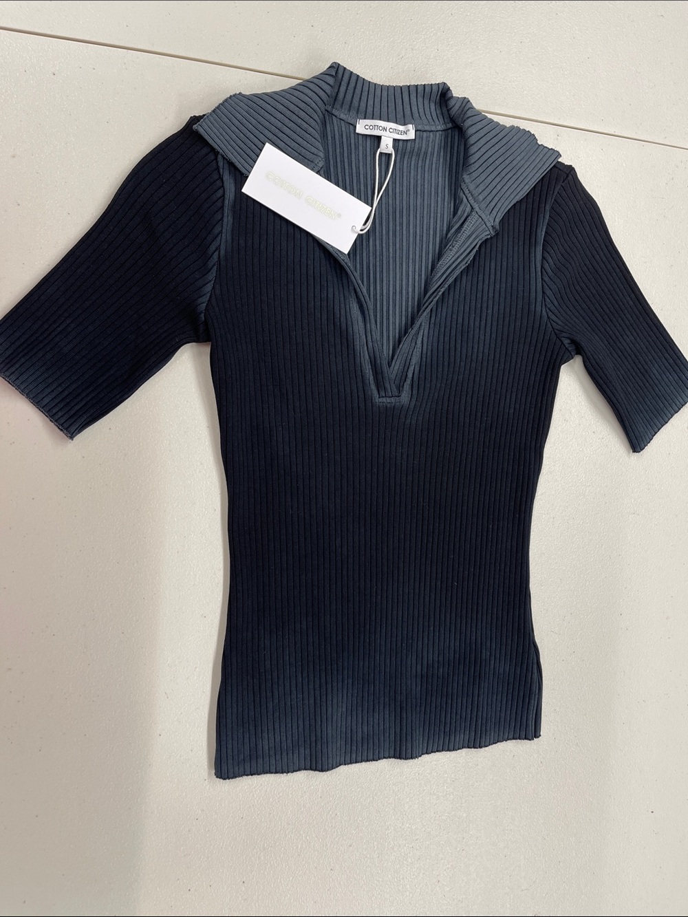 Cotton Citizen Black Ribbed Short-Sleeve Polo Top with Gray Trim